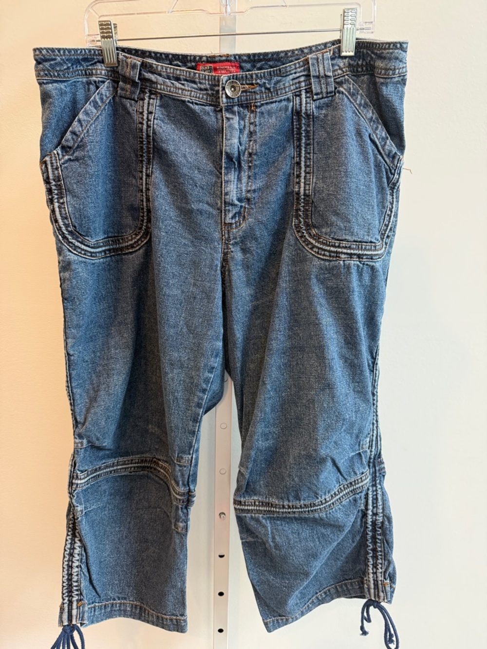 Vintage Faded Glory Cropped Drawstring Hem Denim Jeans Baggy 18W Cargo Skaters